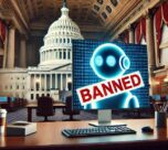 Ilustrasi larangan AI DeepSeek di AS dengan gedung Capitol dan tanda Banned