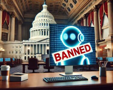 Ilustrasi larangan AI DeepSeek di AS dengan gedung Capitol dan tanda Banned