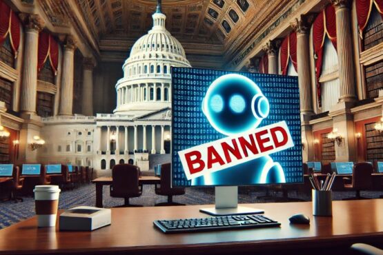 Ilustrasi larangan AI DeepSeek di AS dengan gedung Capitol dan tanda Banned