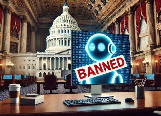 Ilustrasi larangan AI DeepSeek di AS dengan gedung Capitol dan tanda Banned