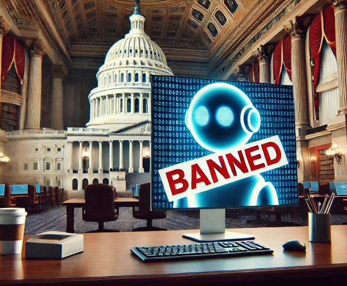 Ilustrasi larangan AI DeepSeek di AS dengan gedung Capitol dan tanda Banned